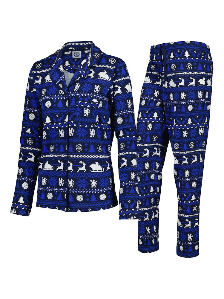 Fanatics Womens Blue Chelsea Christmas Button Through Fairisle 100% Cotton Pyjamas - Image 1 of 3