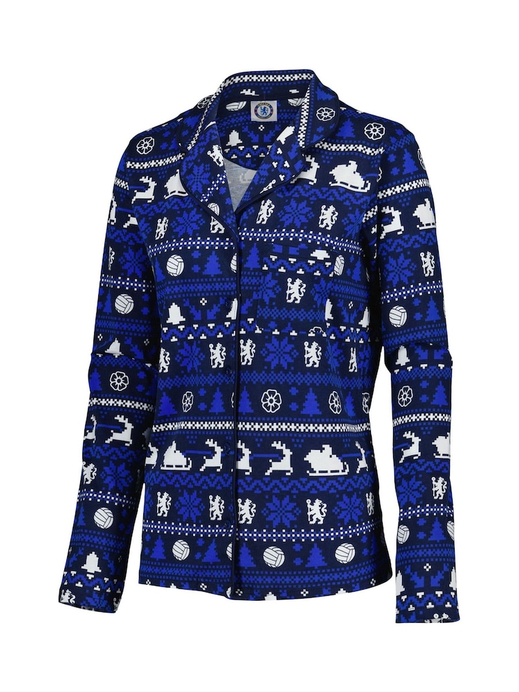 Fanatics Womens Blue Chelsea Christmas Button Through Fairisle 100% Cotton Pyjamas - Image 2 of 3