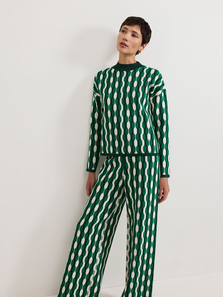Phase Eight Green Payton Geo Jacquard Knit Top - Image 1 of 7
