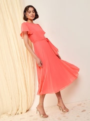 Friends Like These Coral Pink Angel Sleeve Chiffon Pleat Midi Dress - Image 1 of 4