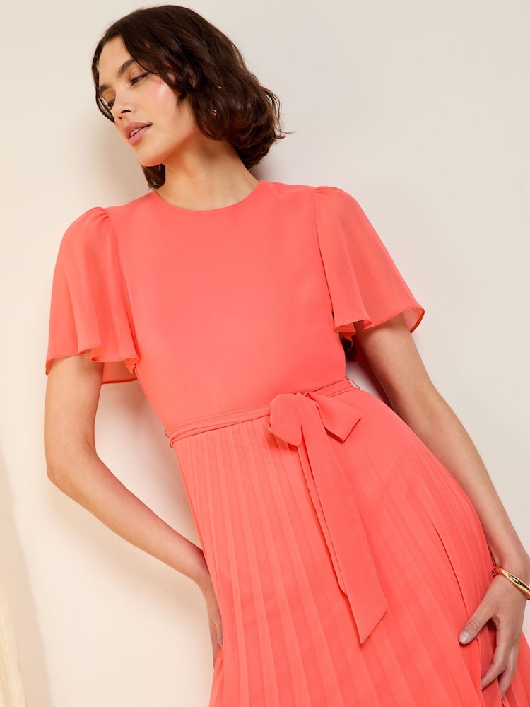 Friends Like These Coral Pink Angel Sleeve Chiffon Pleat Midi Dress - Image 2 of 4