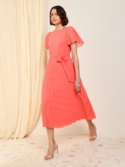 Friends Like These Coral Pink Angel Sleeve Chiffon Pleat Midi Dress - Image 3 of 4