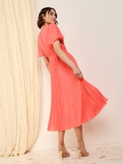 Friends Like These Coral Pink Angel Sleeve Chiffon Pleat Midi Dress - Image 4 of 4