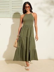 Friends Like These Khaki Green 2 in 1 Cotton Mix Racer Tiered Midi Dress - Image 1 of 4