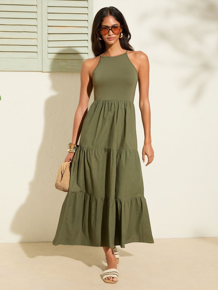 Friends Like These Khaki Green 2 in 1 Cotton Mix Racer Tiered Midi Dress - Image 1 of 4