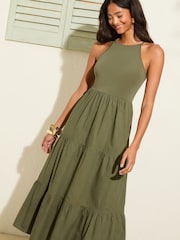 Friends Like These Khaki Green 2 in 1 Cotton Mix Racer Tiered Midi Dress - Image 3 of 4