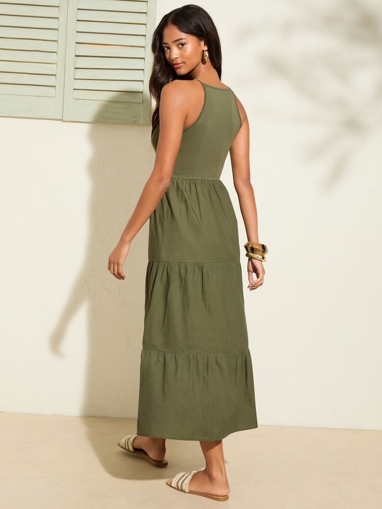 Friends Like These Khaki Green 2 in 1 Cotton Mix Racer Tiered Midi Dress - Image 4 of 4