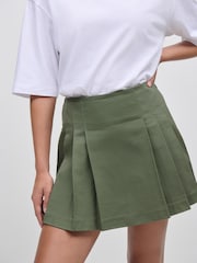 Khaki Green Pleated Kilt Mini 100% Cotton Skirt - Image 2 of 8