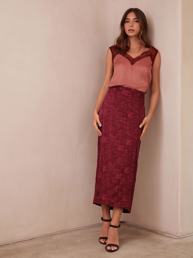 Roșu vișiniu - Fustă sarong midi din jacard Satin - Image 1 of 7