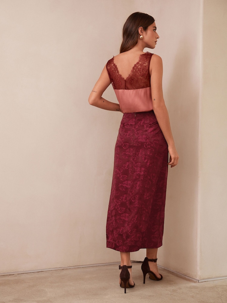 Roșu vișiniu - Fustă sarong midi din jacard Satin - Image 2 of 7