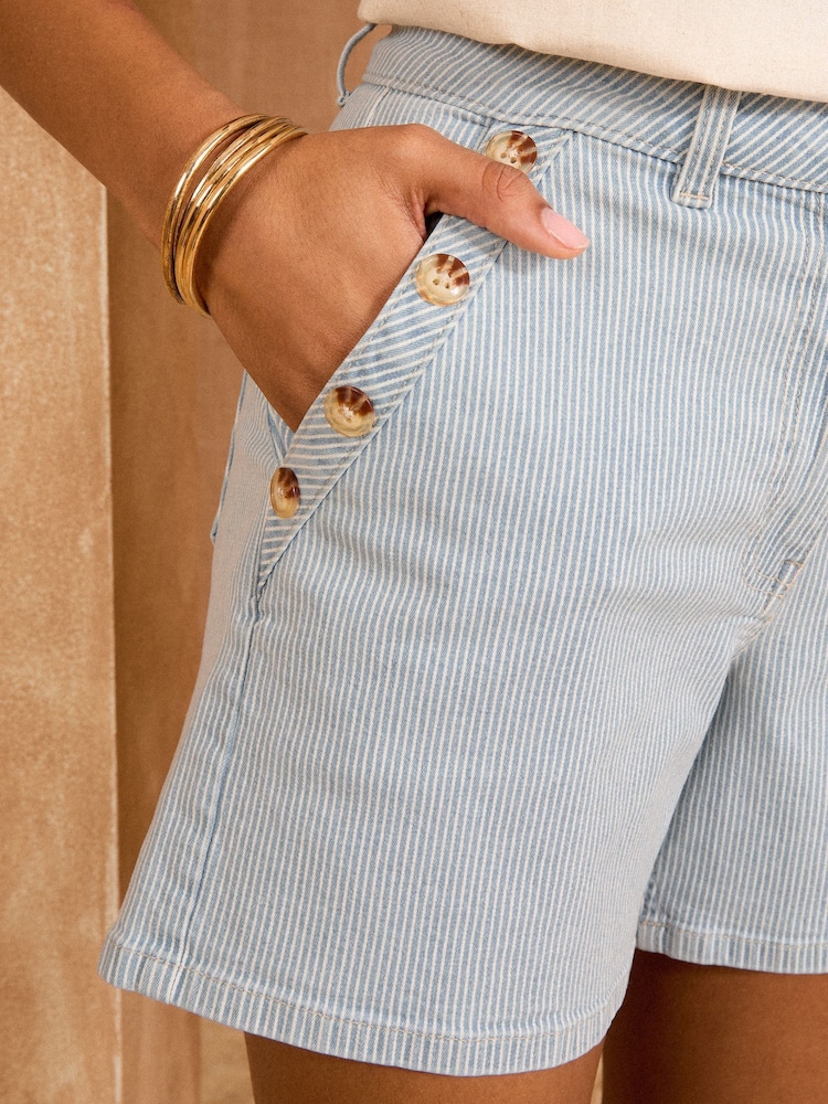 Love & Roses Blue Stripe Denim Sailor Button Detail Shorts - Image 2 of 4