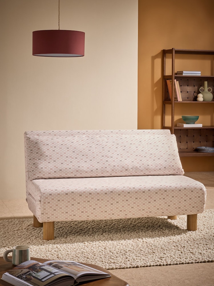 MADE.COM Blush Pink Checked Velvet Large Elara 2 Seater Sofa Bed - Image 1 of 6