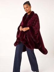 Roman Red Hotfix Detail Faux Fur Trim Cape - Image 1 of 5