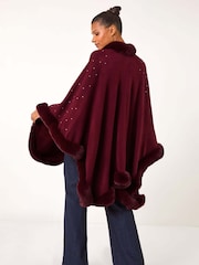 Roman Red Hotfix Detail Faux Fur Trim Cape - Image 2 of 5