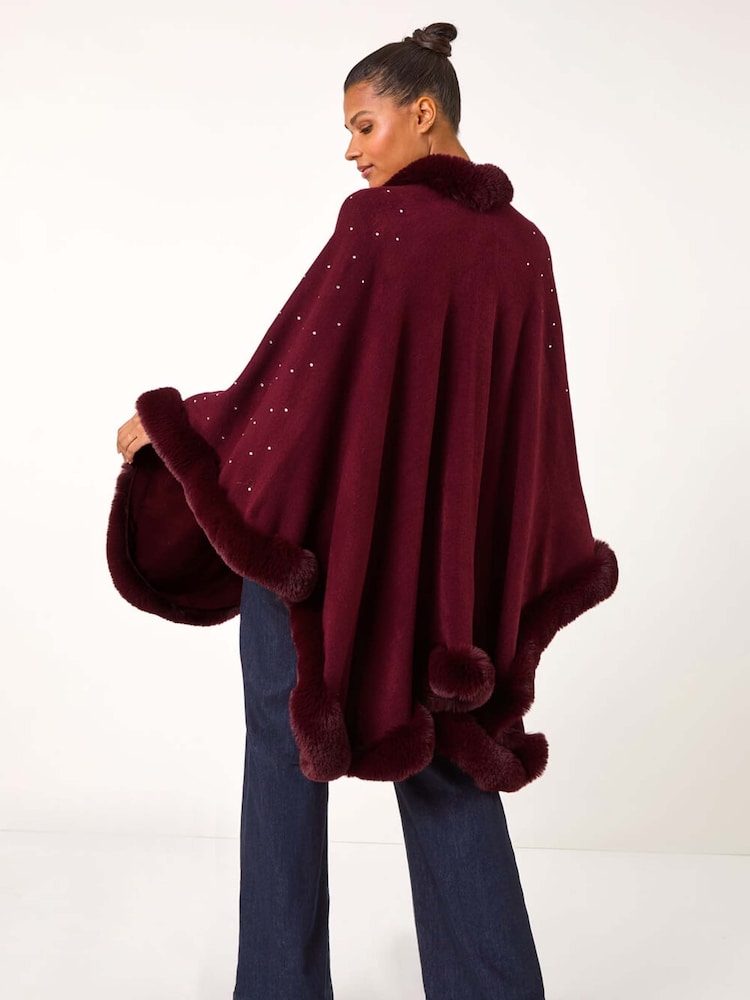 Roman Red Hotfix Detail Faux Fur Trim Cape - Image 2 of 5