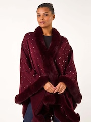 Roman Red Hotfix Detail Faux Fur Trim Cape - Image 3 of 5