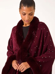 Roman Red Hotfix Detail Faux Fur Trim Cape - Image 4 of 5