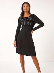 Roman Black Diamante Detail Knitted Dress - Image 1 of 5