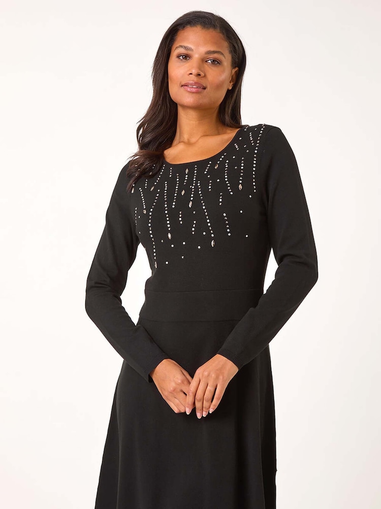 Roman Black Diamante Detail Knitted Dress - Image 2 of 5