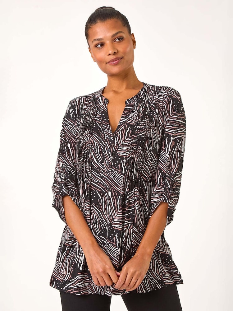 Roman Brown Linear Print Pintuck Pleat Shirt - Image 1 of 5