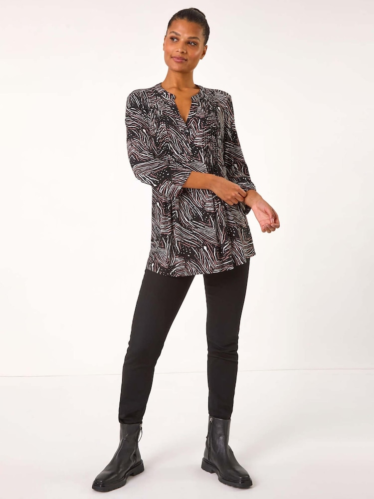 Roman Brown Linear Print Pintuck Pleat Shirt - Image 2 of 5