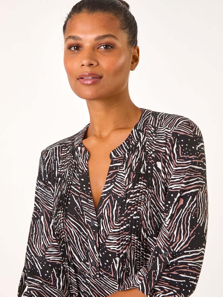 Roman Brown Linear Print Pintuck Pleat Shirt - Image 4 of 5