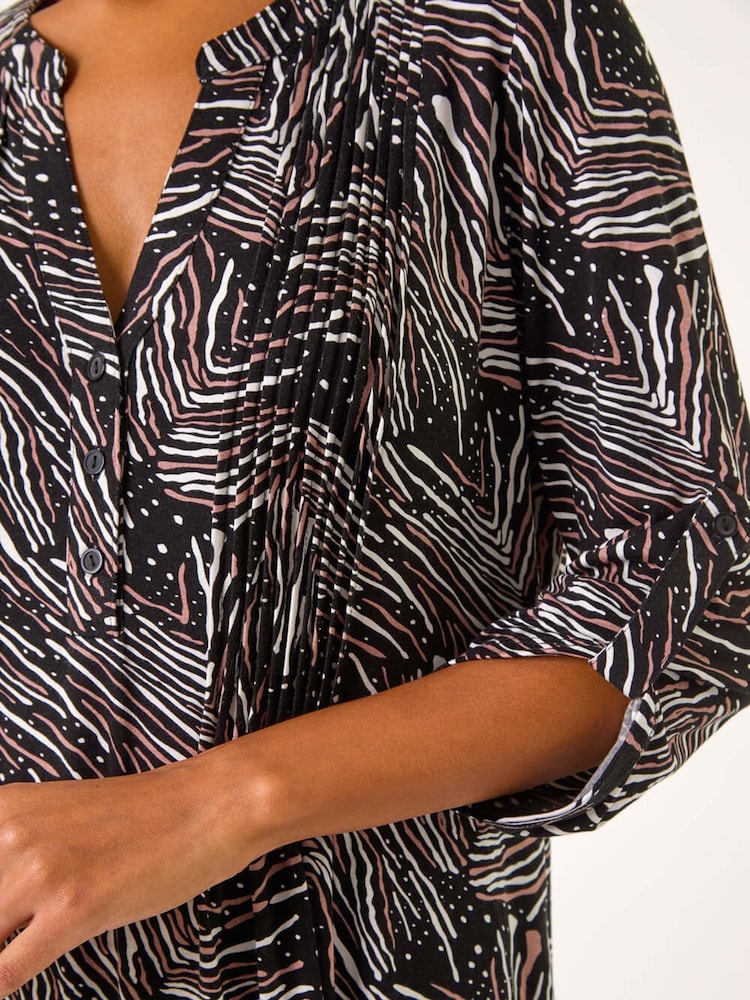 Roman Brown Linear Print Pintuck Pleat Shirt - Image 5 of 5