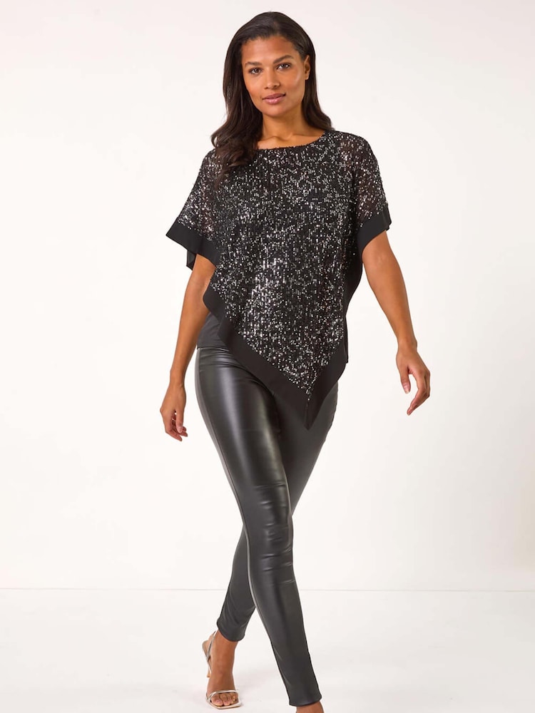 Roman Black Sequin Overlay Stretch Tunic Top - Image 1 of 5