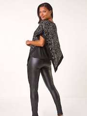 Roman Black Sequin Overlay Stretch Tunic Top - Image 2 of 5