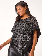 Roman Black Sequin Overlay Stretch Tunic Top - Image 3 of 5