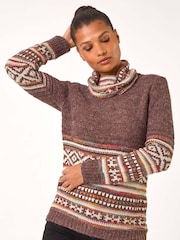 Roman Brown Abstract Print Roll Neck Knit Jumper - Image 1 of 5