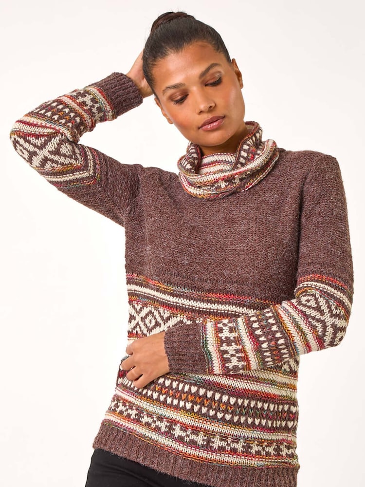 Roman Brown Abstract Print Roll Neck Knit Jumper - Image 1 of 5
