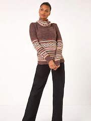 Roman Brown Abstract Print Roll Neck Knit Jumper - Image 2 of 5