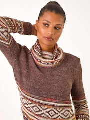 Roman Brown Abstract Print Roll Neck Knit Jumper - Image 4 of 5