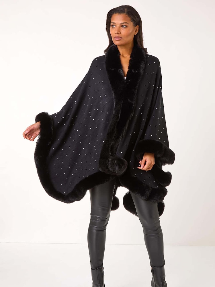 Roman Black Hotfix Detail Faux Fur Trim Cape - Image 1 of 5