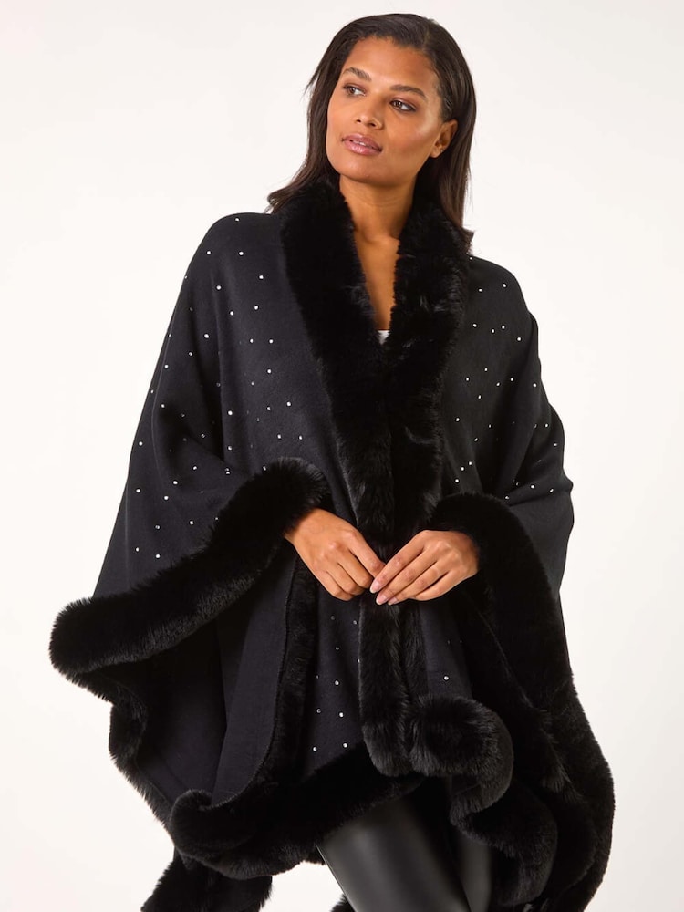 Roman Black Hotfix Detail Faux Fur Trim Cape - Image 2 of 5