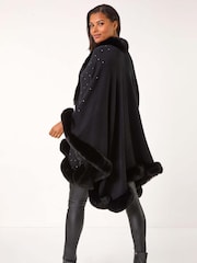 Roman Black Hotfix Detail Faux Fur Trim Cape - Image 3 of 5
