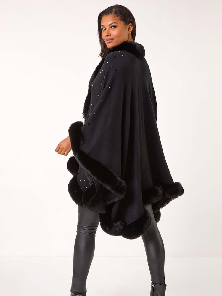 Roman Black Hotfix Detail Faux Fur Trim Cape - Image 3 of 5