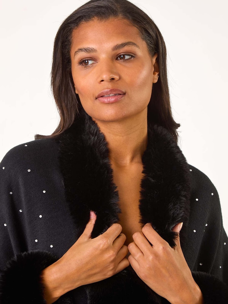 Roman Black Hotfix Detail Faux Fur Trim Cape - Image 4 of 5