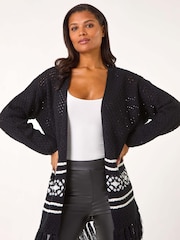Roman Black Jacquard Fringe Hem Knit Cardigan - Image 1 of 5