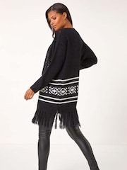 Roman Black Jacquard Fringe Hem Knit Cardigan - Image 2 of 5