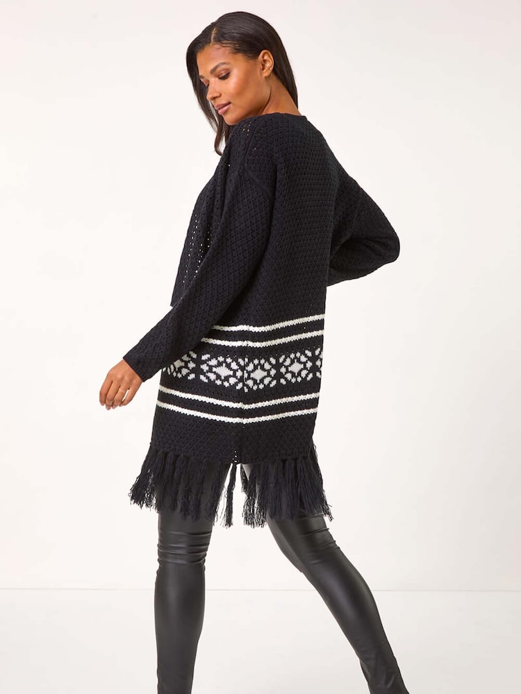 Roman Black Jacquard Fringe Hem Knit Cardigan - Image 2 of 5