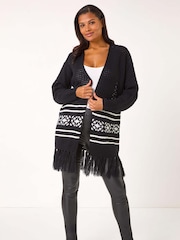 Roman Black Jacquard Fringe Hem Knit Cardigan - Image 3 of 5
