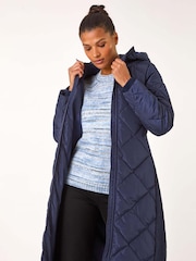 Roman Blue Longline Diamond Quilt Hooded Coat - Image 1 of 5