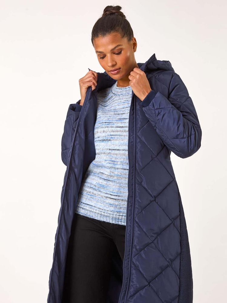 Roman Blue Longline Diamond Quilt Hooded Coat - Image 1 of 5