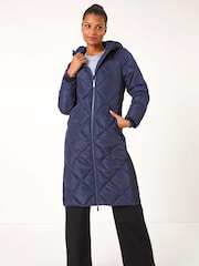 Roman Blue Longline Diamond Quilt Hooded Coat - Image 2 of 5