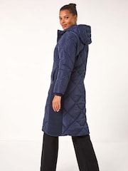 Roman Blue Longline Diamond Quilt Hooded Coat - Image 3 of 5