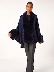 Roman Blue Faux Fur Trim Knitted Poncho - Image 1 of 5