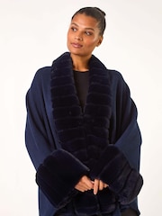 Roman Blue Faux Fur Trim Knitted Poncho - Image 2 of 5