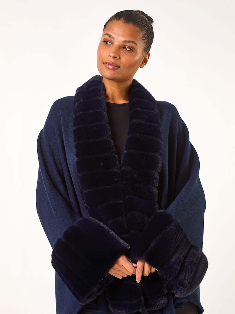 Roman Blue Faux Fur Trim Knitted Poncho - Image 2 of 5